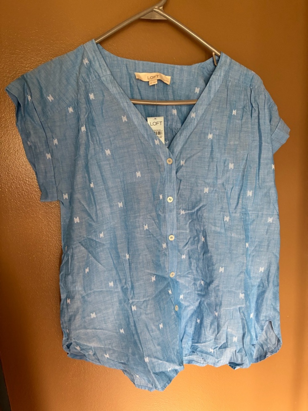 LOFT Light Blue Short-Sleeve Button Front Blouse